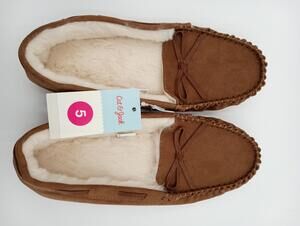 Cat & Jack Slippers Girls Size 5 Brown Moccasin Faux Fur House Shoes Cozy